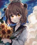  1girl blush brown_hair cloud day dress flower grey_neckerchief hair_between_eyes headgear highres holding holding_flower kantai_collection long_sleeves neckerchief orange_eyes outdoors parted_lips sailor_collar sailor_dress short_hair sky solo sunflower twitter_username upper_body white_dress yellow_flower yukikaze2828 yukikaze_(kancolle) yukikaze_kai_ni_(kancolle) 