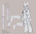  2023 3_fingers alien anthro biped butterfly_knife clothed clothing english_text female female_(lore) fingers gun hi_res knife model_sheet peculiart ranged_weapon simple_background solo space_armor spacesuit spots spotted_body tail text unknown_species vyze_(peculiart) weapon 