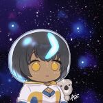  1girl azu_(kirara310) black_hair chibi cleavage_cutout clothing_cutout dark-skinned_female dark_skin fate/grand_order fate_(series) helmet highres koala meme short_hair signature space_cat_(meme) space_helmet starry_background wandjina_(fate) yellow_eyes 