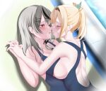  2girls absurdres after_kiss asymmetrical_docking back backless_swimsuit black_hair blonde_hair blue_one-piece_swimsuit blush breast_press breasts breath brown_hairband closed_eyes competition_swimsuit ear_piercing face-to-face grey_hair hair_between_eyes hair_ornament hairband highres holding_hands hololive interlocked_fingers kazama_iroha kiss large_breasts long_hair looking_at_another lying medium_breasts multicolored_hair multiple_girls nakume_(harisenbon968) nipples on_back one-piece_swimsuit one_breast_out open_mouth piercing ponytail poolside red_eyes sakamata_chloe saliva saliva_trail streaked_hair sweat swimsuit tongue tongue_out virtual_youtuber x_hair_ornament yuri 