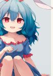  1girl absurdres animal_ears ar_(maeus) blue_dress blue_hair blush collarbone dress fang frilled_dress frills hair_between_eyes highres long_hair open_mouth rabbit_ears red_eyes seiran_(touhou) short_sleeves solo torn_clothes torn_dress touhou 