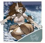  anthro big_breasts braided_hair braless breasts bunnyboogi canid canine clothing digital_media_(artwork) female fur hair hi_res mammal nipples smile solo surfing tail thick_thighs translucent translucent_clothing translucent_topwear wet wet_clothing 