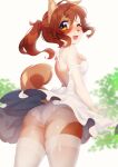  absurd_res anthro bottomwear brown_hair butt canid canine canis clothed clothing domestic_dog female fully_clothed hair hi_res legwear looking_back mammal niniidawns one_eye_closed panties ponytail rear_view skirt solo standing stockings underwear upskirt yellow_eyes 