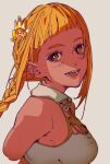  1girl bare_shoulders blonde_hair blunt_bangs blush braid breasts brown_hair cropped_arms final_fantasy final_fantasy_xii final_fantasy_xii_revenant_wings hair_ornament highres long_hair looking_at_viewer medium_breasts open_mouth penelo shirt sideboob sidelocks siotomato sleeveless sleeveless_shirt smile solo twin_braids upper_body white_background white_shirt 