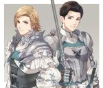  2boys armor blonde_hair blue_eyes border brown_eyes brown_hair chainmail dated dion_lesage earrings final_fantasy final_fantasy_xvi frilled_shirt frills grey_background holding holding_polearm holding_weapon jewelry knight looking_at_viewer male_focus medium_hair multiple_boys ohse parted_bangs parted_lips plate_armor polearm shirt short_hair shoulder_armor single_earring smile swept_bangs sword terrence_(ff16) twitter_username upper_body weapon white_border white_shirt 