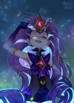  1girl absurdres artist_name bare_shoulders blue_eyes blue_hair elbow_gloves from_below gem gloves hair_ornament hand_on_own_hip heterochromia highres league_of_legends long_hair looking_at_viewer multicolored_hair odeko_yma pink_eyes pointy_ears purple_gloves purple_hair purple_lips smile star_(symbol) star_guardian_(league_of_legends) star_guardian_zoe teeth zoe_(league_of_legends) 