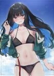  1girl absurdres bare_shoulders bikini black_bikini black_hair blue_hair blush breasts colored_inner_hair dutch_angle fate/grand_order fate_(series) green_sweater grey_eyes highres kojima_takeshi looking_at_viewer multicolored_hair small_breasts smile solo sweater swimsuit tenochtitlan_(fate) two-tone_hair 