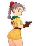  1girl absurdres belt blue_eyes bow braid braided_ponytail brown_belt brown_gloves bulma closed_mouth commentary_request cowboy_shot dragon_ball dragon_ball_(classic) dress gloves green_scarf gun hair_behind_ear hair_bow highres holding holding_gun holding_weapon long_hair purple_hair red_bow rokoido12 scarf short_dress short_sleeves single_braid solo striped striped_dress thighs vertical-striped_dress vertical_stripes weapon white_background yellow_dress 
