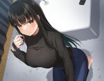  1girl barefoot black_hair black_sweater blue_pants blush breasts closed_mouth commentary_request controller cup denim drinking_glass hair_between_eyes hand_up indoors jeans komori_kuzuyu large_breasts long_hair long_sleeves looking_at_viewer original pants remote_control ribbed_sweater seiza sitting sleeves_past_wrists solo sweater table turtleneck turtleneck_sweater very_long_hair yellow_eyes 
