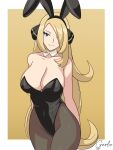  1girl absurdres alternate_costume animal_ears arms_behind_back bare_shoulders black_hairband black_leotard blonde_hair border breasts brown_pantyhose cleavage closed_mouth collarbone cynthia_(pokemon) detached_collar fake_animal_ears garloo grey_eyes hair_ornament hair_over_one_eye hairband highres large_breasts leotard long_hair looking_at_viewer pantyhose playboy_bunny pokemon pokemon_(game) pokemon_dppt rabbit_ears smile solo very_long_hair white_border wide_hips 