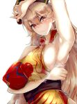  1girl absurdres armpits blonde_hair blush breasts closed_mouth commentary_request covered_nipples hair_between_eyes headdress highres junko_(touhou) kurokan_(kokkyou_oudan) large_breasts long_hair looking_at_viewer red_eyes sideboob simple_background solo tabard touhou upper_body white_background 