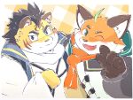  anthro canid canine duo felid fox fur green_eyes hi_res hitachi_(tamacolle) iyo_(tamacolle) kemono kginutc male mammal one_eye_closed orange_body orange_fur pantherine scarf slightly_chubby tamacolle tiger wink 