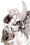  1boy 1girl angel_wings ass aya_carmine banana body_horror bone breasts closed_eyes clothed_male_nude_female collared_shirt completely_nude cowboy_shot expressionless feathers flower_wings food formal fruit greyscale hand_on_another&#039;s_thigh hetero highres hitomi_hirosuke_(sayonara_wo_oshiete) holding holding_feather leaf_wings long_hair looking_at_viewer mismatched_wings monochrome necktie nude parted_lips penis plant_wings sayonara_wo_oshiete shirt simple_background small_breasts snake sugamo_mutsuki suit tendril tongue upper_body wings 