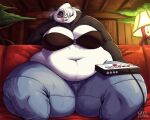  2023 anthro bear blue_eyes blush bodily_fluids bra clothing controller digital_media_(artwork) female furniture giant_panda gillpanda gillpanda_(character) hair hair_over_eye hi_res huge_thighs looking_at_viewer mammal navel one_eye_obstructed overweight overweight_female sofa soft_belly solo sweat thick_thighs tongue underwear wide_hips 