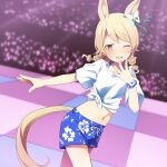  1girl animal_ears blue_scrunchie blue_shorts checkered_floor collarbone cosplay crop_top floral_print gaze_on_me!_outfit_(umamusume) glowstick hand_up highres horse_ears horse_girl horse_tail idolmaster idolmaster_cinderella_girls kemonomimi_mode light_brown_hair long_hair midriff morikubo_nono navel outstretched_arm people ringlets scrunchie shirt short_shorts short_sleeves shorts solo_focus tail tied_shirt uccow umamusume white_shirt wrist_scrunchie 