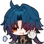  1boy ahoge bandaged_hand bandages blade_(honkai:_star_rail) blood blood_on_face chest_sarashi chibi chinese_clothes english_commentary hair_over_one_eye honkai:_star_rail honkai_(series) long_hair long_sleeves male_focus official_art parted_lips sarashi solo transparent_background 