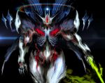  absurdres beam_saber biomechanical bit_(gundam) black_background blue_skin colored_skin energy_blade energy_sword glowing glowing_eyes green_eyes gundam gundam_aerial gundam_suisei_no_majo halo highres horror_(theme) mecha monster monsterification narrow_waist no_humans rainbow rainbow_halo ribs robot skeletal_hand sword weapon white_skin witnesstheabsurd 