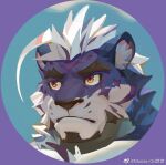  1boy animal_ears avatar_icon bara cropped_shoulders diamond_(shape) facial_hair forked_eyebrows frown furry furry_male goatee long_hair looking_to_the_side male_focus mature_male multicolored_hair munax_od original ponytail purple_fur sadiend solo streaked_hair thick_eyebrows tiger_boy tiger_ears white_hair yellow_eyes 