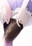  1girl absurdres adjusting_clothes adjusting_legwear black_pantyhose dressing frilled_skirt frills genshin_impact highres keqing_(genshin_impact) knee_up kokuusinsin pantyhose pleated_skirt purple_skirt skirt solo thigh_focus white_background 