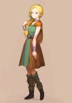  1girl belt bianca_(dq5) black_belt blonde_hair blue_eyes boots bracelet braid breasts brown_footwear cape closed_mouth commentary_request dragon_quest dragon_quest_v dress earrings full_body green_dress green_socks hair_behind_ear hair_over_shoulder hand_up highres jewelry jun_(seojh1029) long_hair looking_at_viewer neck_ring orange_cape ring simple_background single_braid sleeveless sleeveless_dress small_breasts smile socks solo standing swept_bangs 