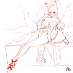  1girl 3gs ahoge animal_ear_fluff animal_ears ara_haan ara_haan_(celestial_fox) bare_shoulders barefoot between_legs blush breasts cleavage detached_collar elsword facial_mark fang fox_ears fox_tail frown full_body hand_to_own_face highres large_breasts long_hair long_sleeves looking_to_the_side looking_up monochrome multiple_tails shakti_(elsword) sitting sketch solo tail wide_sleeves 