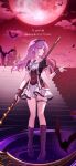  1girl absurdres animal boots bow castle eiyuu_densetsu full_body hair_bow highres holding holding_scythe holding_weapon huge_weapon komugiko_(0kmgk) long_hair moon night night_sky outdoors purple_hair red_moon renne_(eiyuu_densetsu) scythe sen_no_kiseki skirt sky solo stairs weapon 