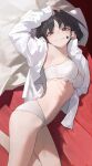  1girl absurdres bare_legs black_hair blush bra facepaint fingernails highres looking_at_viewer lying mac_star nail_polish on_side open_clothes open_shirt original panties red_eyes ribs shirt smile solo star_(symbol) stomach underwear white_bra white_panties white_shirt 
