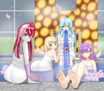  4girls ahoge armpit_crease ass barefoot bath blonde_hair blue_hair blunt_ends breasts closed_mouth colored_skin commentary_request crossed_bangs cup feet feet_up flower foreshortening from_behind green_eyes grey_hair grey_skin heart heart_ahoge heterochromia highres holding holding_cup hololive hololive_indonesia indoors knees_up kureiji_ollie large_breasts legs looking_at_viewer looking_back medium_breasts momosuzu_nene mug multicolored_hair multiple_girls naked_towel parted_bangs partially_submerged patchwork_skin pointy_ears purple_hair red_eyes sidelocks sitting soaking_feet soles stitched_arm stitched_face stitched_torso stitches streaked_hair swept_bangs tamagotozi3420 toes tokoyami_towa towel water white_towel yellow_eyes yukihana_lamy 