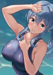  1girl bare_shoulders blue_eyes blue_hair blush breasts collarbone gotland_(kancolle) hair_between_eyes kantai_collection large_breasts long_hair looking_at_viewer mole mole_under_eye one-piece_swimsuit shiromaru_(maniado) smile solo swimsuit 
