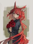  1girl absurdres alternate_costume animal_ears arknights black_coat bouquet bright_pupils brown_background brown_eyes closed_mouth coat flametail_(arknights) flower highres holding holding_bouquet long_hair long_sleeves looking_at_viewer low_ponytail open_clothes open_coat red_flower red_hair smile solo squirrel_ears togekk0 very_long_hair 