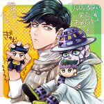  2boys character_doll diamond_wa_kudakenai doll_hug earrings green_eyes green_hair hat headband heaven&#039;s_door higashikata_josuke highres jewelry jojo_no_kimyou_na_bouken kishibe_rohan male_focus mikan03260 multiple_boys object_hug stand_(jojo) 