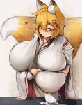  1girl absurdres aged_up alternate_breast_size animal_ears blonde_hair blush breasts cup donkey20210401 fang fox_ears fox_girl fox_tail gigantic_breasts grabbing_own_breast heart highres japanese_clothes kimono lactation lactation_through_clothes light_smile medium_hair milk motion_blur orange_eyes senko_(sewayaki_kitsune_no_senko-san) sewayaki_kitsune_no_senko-san skin_fang solo tail tail_wagging teacup 