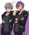  2boys arm_on_shoulder artist_name black_hoodie black_pants closed_mouth collarbone commentary_request cowboy_shot crossed_arms crossed_bangs drawstring earrings ensemble_stars! fang grey_hair grey_pants grey_shirt grin hair_between_eyes hood hood_down hoodie jewelry long_sleeves looking_at_viewer male_focus messy_hair multiple_boys ogami_koga open_clothes open_hoodie otogari_adonis pants parted_bangs purple_background purple_hair shirt short_hair simple_background sleepwildbear smile standing teeth twitter_username two-tone_background v-shaped_eyebrows white_background yellow_eyes 