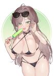  1girl bikini black_bikini black_choker bracelet breasts choker cleavage collarbone commission cowlick criss-cross_halter eyewear_on_head food green_eyes groin hair_behind_ear halterneck holding holding_food holding_popsicle indie_virtual_youtuber jewelry large_breasts long_hair miori_celesta navel open_mouth popsicle saidasai skeb_commission smile solo sunglasses swimsuit very_long_hair virtual_youtuber 