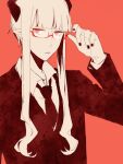  1boy demon_boy demon_horns formal glasses haiiro_teien horns kuroko_mikura looking_at_viewer male_focus necktie parted_lips pointy_ears red_background red_eyes red_nails red_necktie red_suit shirt short_hair_with_long_locks solo suit white_shirt yosaflame_(haiiro_teien) 