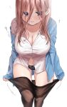  1girl ass_visible_through_thighs black_panties black_pantyhose blue_cardigan blue_eyes blush breasts brown_hair cameltoe cardigan chigusa_minori cleavage clothes_pull collarbone collared_shirt commentary_request cowboy_shot dress_shirt go-toubun_no_hanayome hair_between_eyes highres lace lace_panties large_breasts leaning_forward long_hair long_sleeves midriff_peek nakano_miku navel open_cardigan open_clothes panties pantyhose pantyhose_pull parted_lips partially_unbuttoned shirt simple_background single_off_shoulder sleeves_past_wrists solo thighband_pantyhose thighs underwear undressing white_background white_shirt 