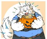 2023 anthro black_nose blush bottomwear candy canid canine canis clothing dessert domestic_dog eyes_closed food halloween holidays kemono lifewonders live_a_hero male mammal okudami overweight overweight_male pants shirt simple_background solo topwear yohack 