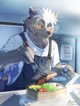  2023 5_fingers anthro brown_body brown_fur canid canine canis clothing domestic_dog fingers food fruit fur hair hi_res holding_object lifewonders male mammal meat plant shirt solo t-shirt tadatomo tokyo_afterschool_summoners tomato topwear wawwarks0074 white_hair 