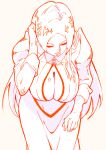  1girl adjusting_hair bent_over bleach bleach:_the_thousand-year_blood_war breasts cleavage closed_eyes hair_ornament hairpin inoue_orihime jumper433 large_breasts long_sleeves skirt solo 