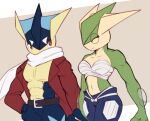  amphibian anthro athletic_tape blue_body bottomwear clothing duo female frog generation_6_pokemon green_body greninja hi_res male male/female muscular muscular_male nintendo pants pokemon pokemon_(species) scarf smiling_at_partner walking xael_the_artist 