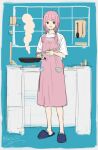  1girl alternate_costume animal_slippers apron blue_background blue_eyes blue_footwear border chopsticks cooking counter frying_pan full_body hair_over_shoulder highres holding holding_chopsticks holding_frying_pan isshiki_(ffmania7) kaf_(kamitsubaki_studio) kamitsubaki_studio laplace_(kamitsubaki_studio) long_hair looking_at_viewer low_twintails multicolored_eyes open_mouth pink_apron pink_hair shirt short_sleeves signature sketch slippers smile solo standing steam t-shirt twintails virtual_youtuber white_border white_shirt yellow_pupils 