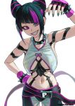  1girl asymmetrical_bangs baggy_pants belt black_hair bracelet breasts chinese_clothes collar drill_hair dudou fingerless_gloves gloves hair_horns halterneck han_juri heterochromia highres jewelry large_breasts looking_at_viewer multicolored_hair nail_polish navel open_clothes pants pink_hair purple_z simple_background smile spiked_bracelet spiked_collar spikes street_fighter street_fighter_6 twin_drills underboob white_background yin_yang 