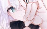  1girl absurdres aqua_eyes blurry blurry_background close-up closed_mouth crossed_bangs depth_of_field double-parted_bangs fingernails foreshortening fox_girl fox_shadow_puppet hair_between_eyes hand_focus highres hololive hyde_(tabakko) long_hair looking_at_viewer portrait shirakami_fubuki shirakami_fubuki_(1st_costume) smile solo virtual_youtuber white_hair 