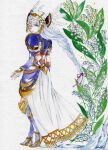  armor armored_dress blue_armor breastplate feathers flower helmet highres lenneth_valkyrie lily_of_the_valley low-braided_long_hair painting_(medium) shoulder_armor shoulder_pads traditional_media valkyrie valkyrie_profile watercolor_(medium) winged_helmet 