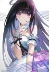  absurdres bare_shoulders black_hair closed_mouth dress for-miku girls&#039;_frontline_neural_cloud halo highres jewelry long_hair microphone nanaka_(girls&#039;_frontline_nc) purple_eyes ring very_long_hair white_dress 