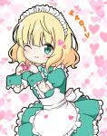  1girl ;) alternate_costume apron aqua_dress blonde_hair blue_bow blush bow center_frills collared_dress commentary_request dress enmaided frilled_apron frilled_dress frills gochuumon_wa_usagi_desu_ka? green_eyes hands_up heart heart_background heart_hands kirima_syaro looking_at_viewer maid maid_apron maid_headdress mitya one_eye_closed pleated_dress revision simple_background smile solo translation_request twitter_username white_apron white_background wrist_cuffs 