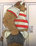  2023 anthro araiguma_11 belly big_belly bodily_fluids bottomwear bovid bovine bulge cattle clothing humanoid_hands kemono locker_room male mammal musclegut overweight overweight_male shirt shorts solo sweat topwear underwear 