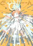  2girls absurdres barefoot blue_eyes blue_hair child closed_mouth commentary_request dress expressionless halo highres looking_at_viewer multiple_girls nico-tine orange_background orange_hair original outstretched_arms red_eyes short_hair short_sleeves simple_background toes white_dress wings 
