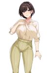  1girl black_hair breasts brown_eyes brown_pants collarbone commentary_request cowboy_shot earrings haruhisky highres jewelry large_breasts original pants pendant ring shirt short_hair short_sleeves simple_background solo standing swept_bangs watch white_background white_shirt wristwatch 