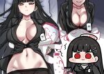  1boy 1girl arona&#039;s_sensei_doodle_(blue_archive) black_hair black_pantyhose blue_archive blush breasts bright_pupils cellphone cleavage closed_mouth collarbone groin hair_ornament hairclip halo id_card jazz_jack large_breasts long_hair multiple_views navel pantyhose partially_unbuttoned phone pillow red_eyes rio_(blue_archive) sensei_(blue_archive) smartphone suit sweater white_pupils white_sweater 